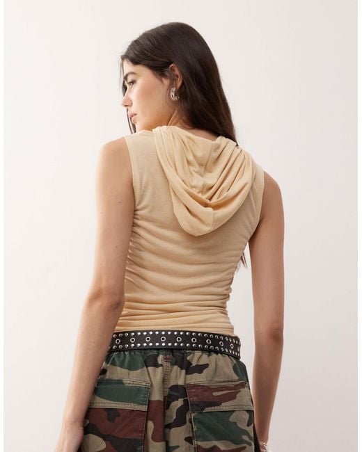 Monki Natural Semi Sheer Ruched Front Tank With Hood