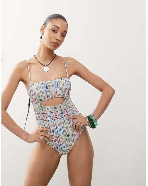 Reclaimed (vintage) White Swimsuit With Shirred Waist And Cut Out Detail