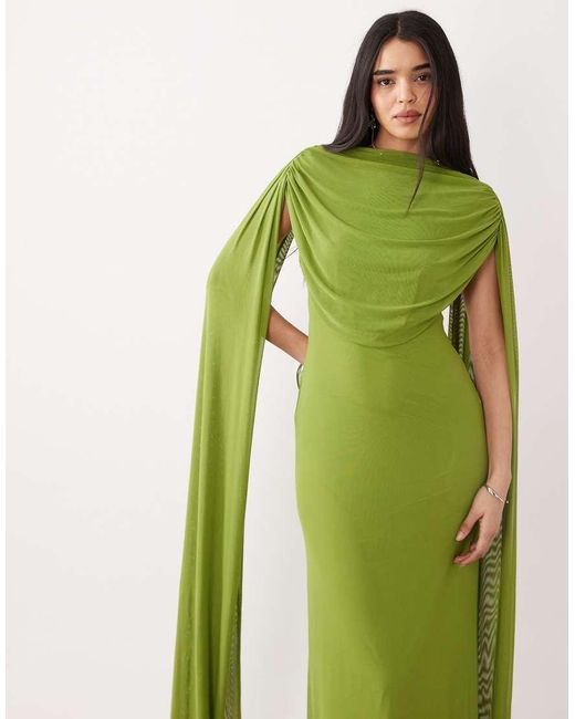 ASOS Green Mesh Cape Draped Maxi Dress