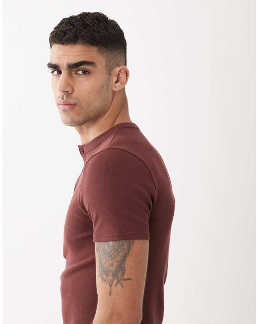 ASOS Red Muscle Fit T-Shirt With Henley Neck for men