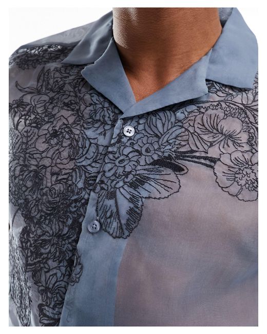 ASOS Blue Relaxed Revere Shirt With Floral Embroidery for men
