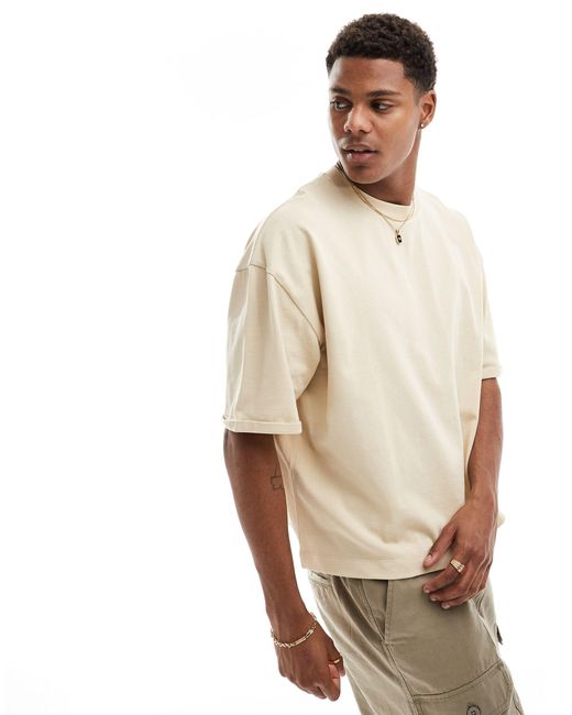 T-shirt oversize épais coupe carrée à manches retroussées - beige ASOS pour homme en coloris Natural