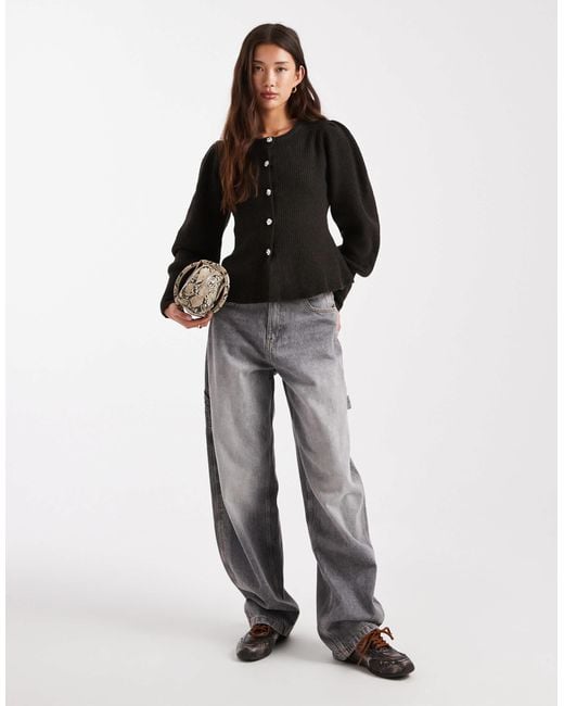 Pieces Black Cinched Waist Balloon Sleeve Cardigan With Hammered Buttons