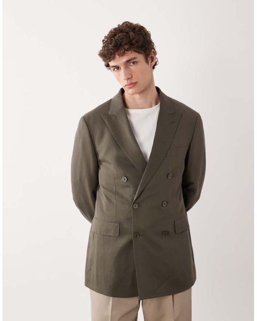 Mango Green Amalfic Linen Blend Double Breasted Tailored Blazer for men