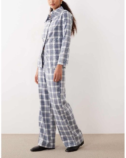 Ghospell White Maya Sequin Tartan Print Wide Leg Trouser Co-Ord