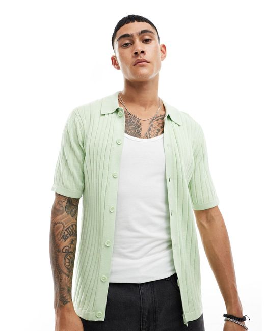ASOS Green Lightweight Rib Knit Button Up Polo for men
