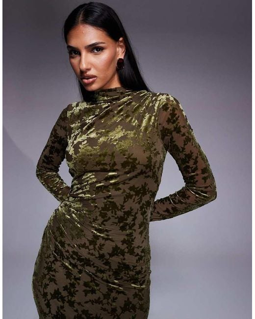 New Look Velvet Devore Long Sleeve Midi Dress in Brown | Lyst UK