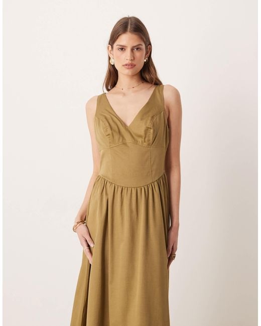 ASOS Natural Waisted V Neck Maxi Sundress With Seaming Details