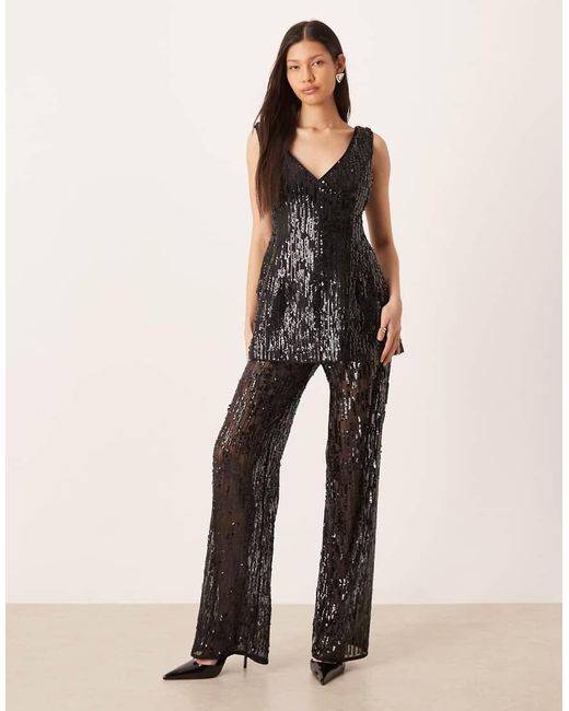 ASOS Black Tailored V Neck Sequin Cinched Waist Peplum Top Co-ord