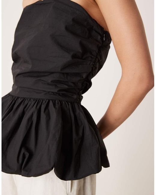 Glamorous Black Ruched Puffball Peplum Top