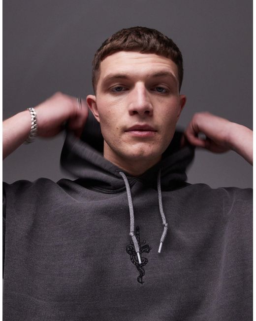 Topman Gray Oversized Fit Hoodie With dagger Tattoo Embroidery for men