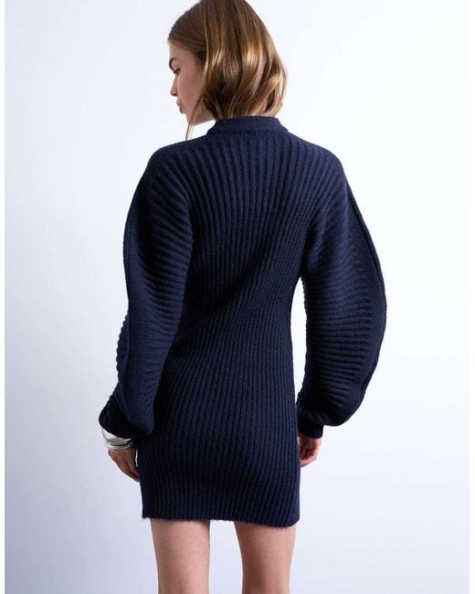 TOPSHOP Blue Knitted Cocoon Ribbed Dress