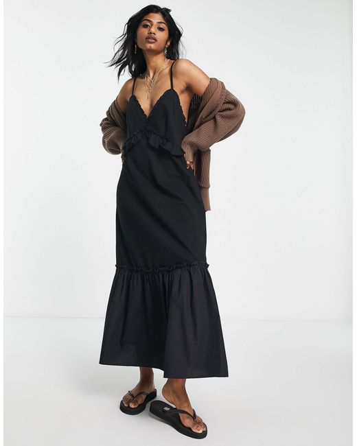 Jersey Poplin Mix Strappy Frill Midi Dress in Black Lyst Canada