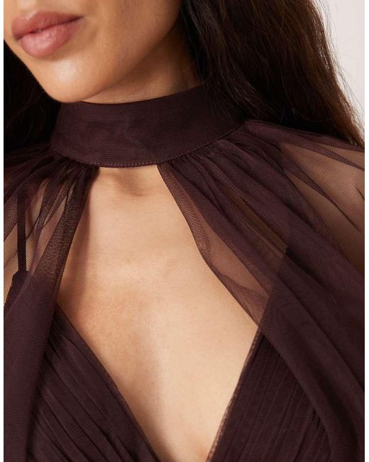 LACE & BEADS Brown Tulle Detachable Sheer Balloon Sleeve Maxi Dress
