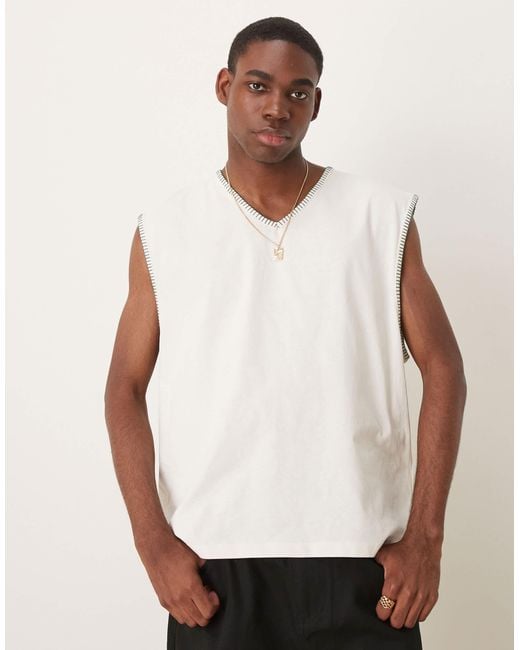 Débardeur oversize coupe carrée à col v et coutures fantaisie - crème ASOS pour homme en coloris White