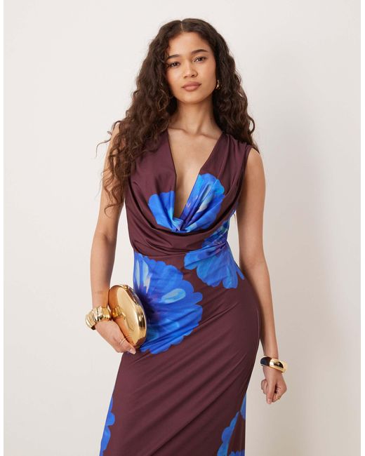 ASOS Blue – maxikleid mit blumendruck und wasserfallausschnitt