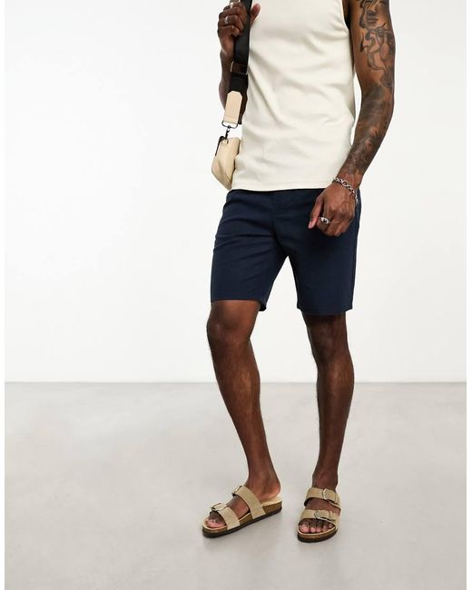 Only & Sons Blue Linen Mix Tie Waist Shorts for men