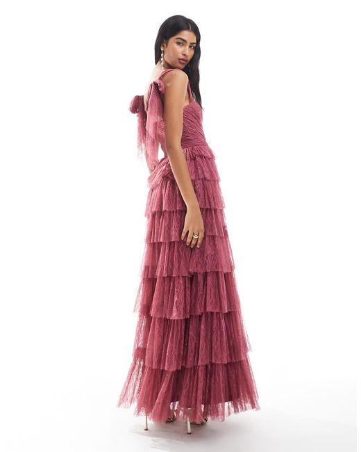 LACE & BEADS Red Bow Shoulder Lace Tulle Maxi Dress