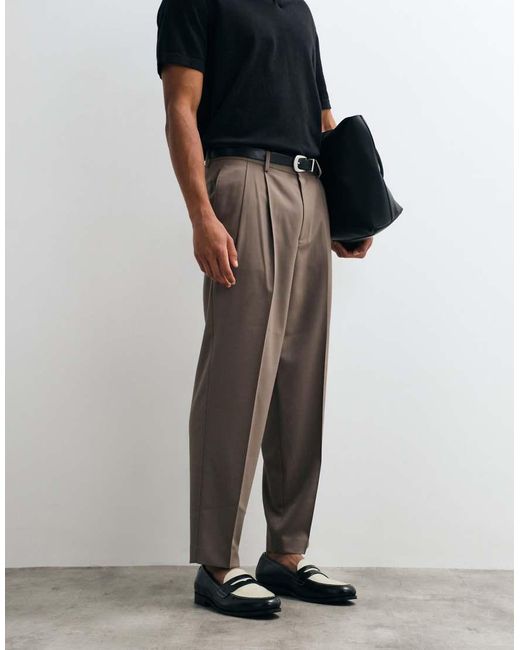 ASOS Blue Summer Wool Oversized Tapered Pleated Trousers for men