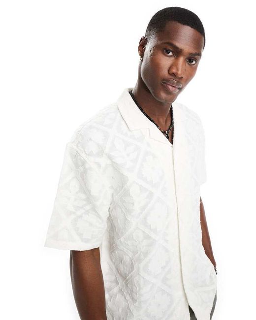Pull&Bear White Floral Textured Revere Neck Shirt for men