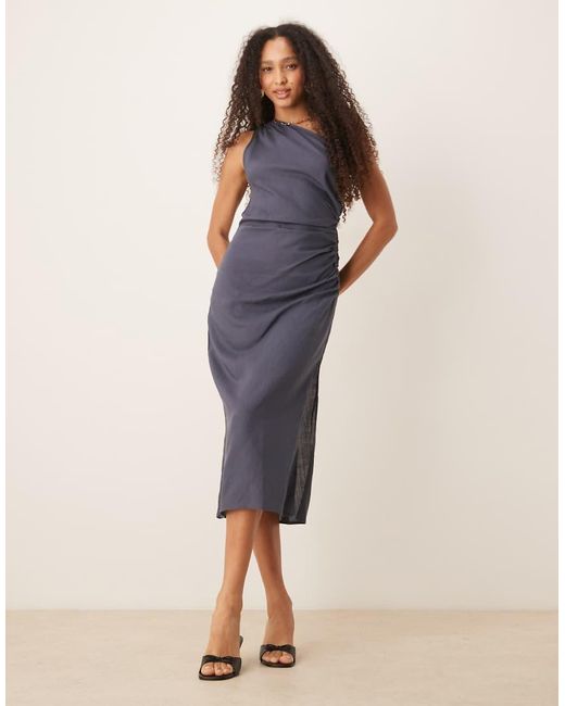 Mango Linen Mix One Shoulder Dress With Ruched Side in Blue | Lyst UK