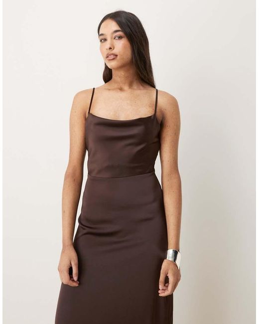 Vila Brown Satin Cowl Neck Maxi Dress