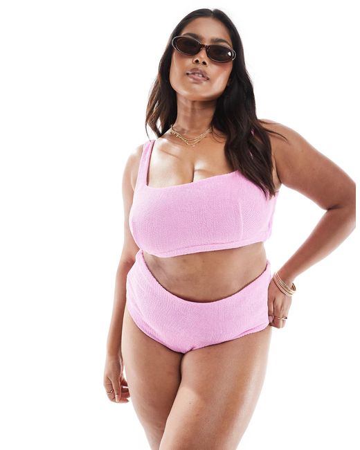 ASOS Pink Asos Design Curve Charlene Textured High Leg High Waist Bikini Bottom