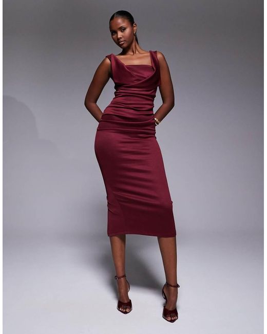 ASOS Red Square Neck Pleat Bust Midi Pencil Dress