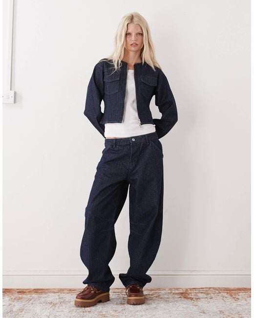 Collusion Blue – blaue, figurbetonte jeansjacke im 90er-stil mit tiefer taille und streifen, kombiteil