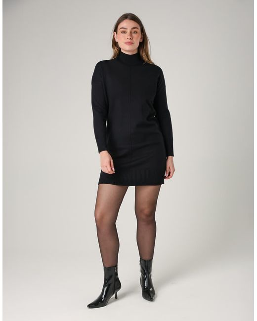 French Connection Black Cosy Soft Touch High Neck Seam Jumper Mini Dress