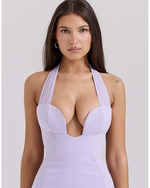 House Of Cb Purple Alyssa Crepe Plunge Mini Dress