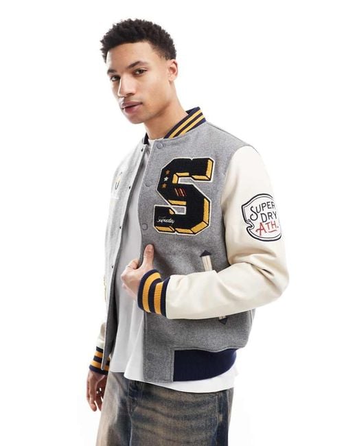 Superdry Gray College Patched Bomber Jacket for men