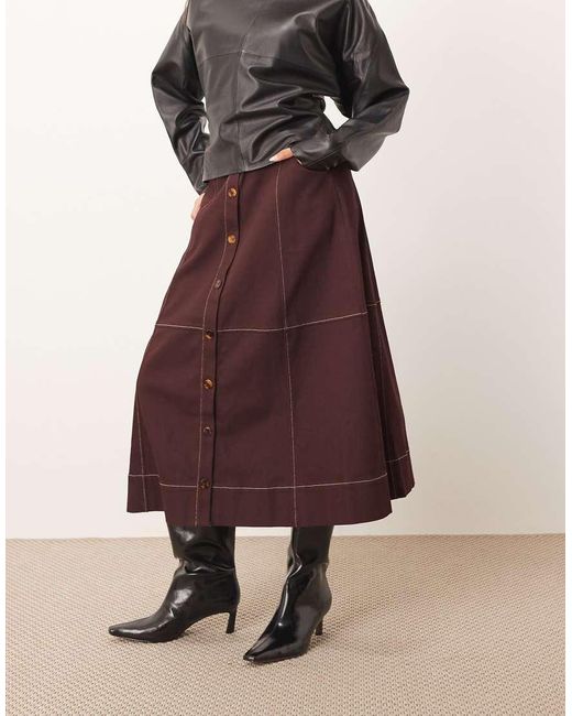 ARRANGE Red Heavy Twill Full Midi Skirt With Contrast Stitch