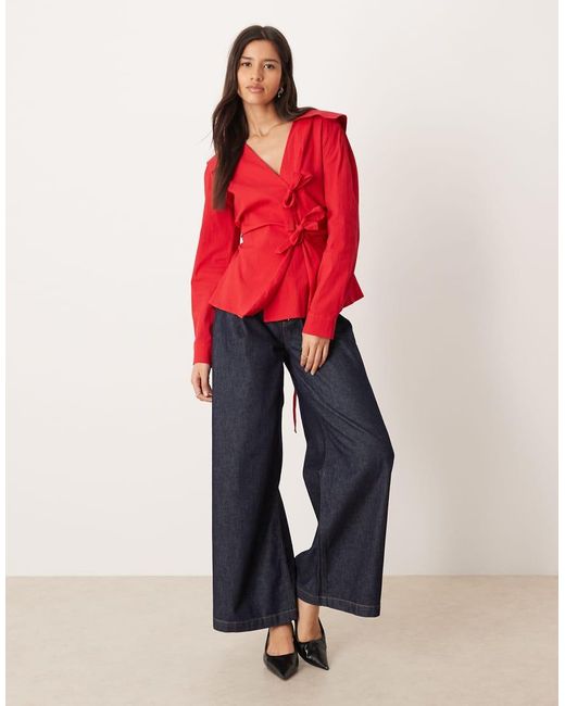 Ghospell Red Cotton Double Bow Detail Tie Waist Wrap Top