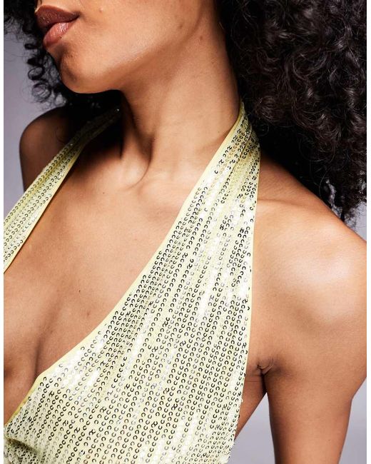 ASOS Yellow Sequin Mesh Mix Halter Top
