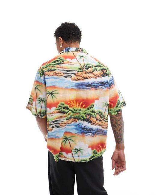 Camisa Extragrande Con Solapas Y Estampado Hawaiano De Efecto Lino De ASOS de hombre de color Gray