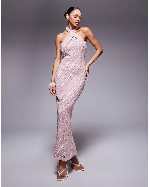 ASOS Purple Crochet Cross Front Maxi Dress With Sequin And Pearl Embellishment