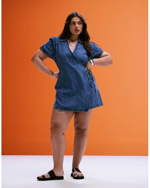 Vestido Vaquero Medio Con Diseño Cruzado De Asos Design Curve ASOS de color Blue