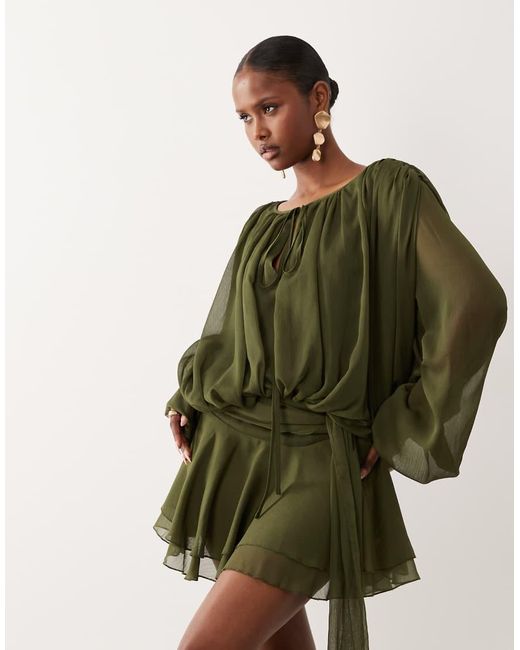 Lioness Green Elements Chiffon Drape Detail Balloon Sleeve Tie Waist Mini Dress