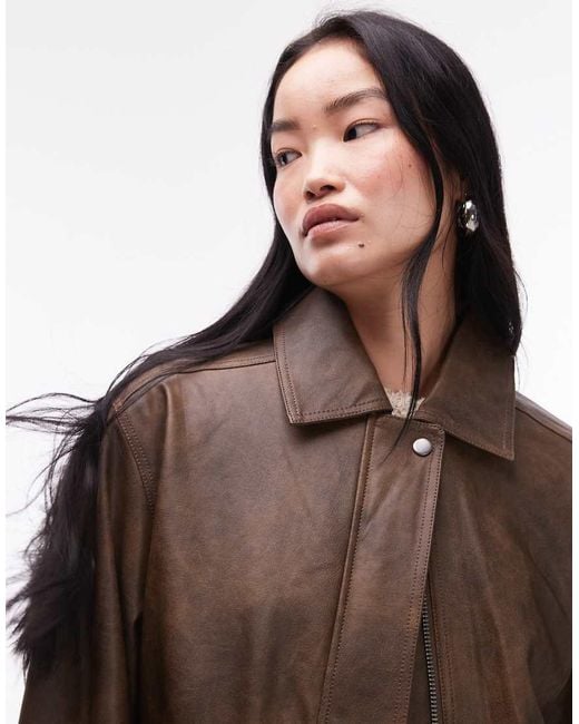 Chaqueta Marrón Lavado De Estilo Años 90 Con Cremallera Y Bolsillos De Parche De Cuero Sintético De TOPSHOP de color Brown