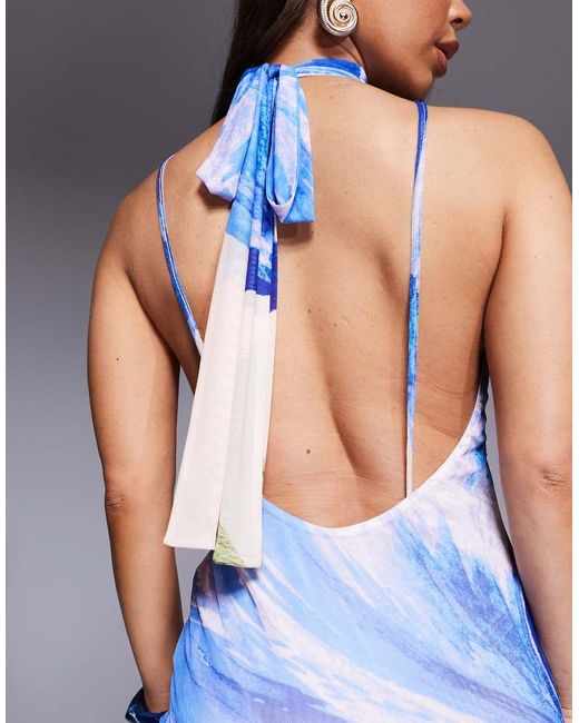 ASOS Blue Halter Neck With Open Back With Drape Detail Maxi Dress
