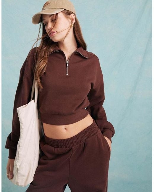 Miss Selfridge Red Half Zip Crop Sweatshirt