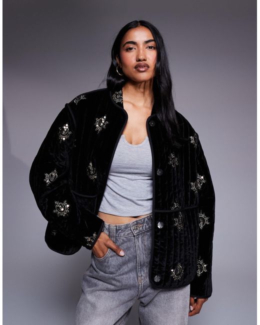 ASOS Black Quilted Embroidered Velvet Jacket