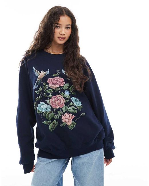 Miss Selfridge Blue Floral Tapestry Oversized Sweat