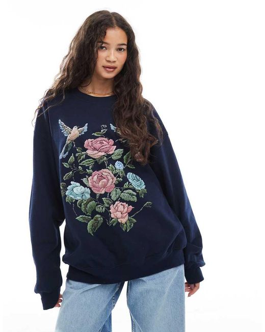 Felpa Oversize Con Ricamo Floreale Stile Arazzo di Miss Selfridge in Blue