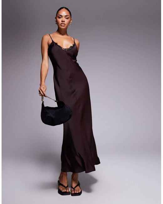ASOS Purple V Neck Lace Trim Satin Slip Maxi Dress