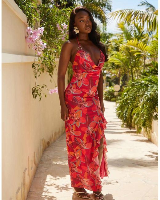 South Beach Maxi Strandjurk Met Gedrapeerde Halslijn En Tropische Bloemenprint in het Green