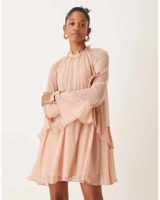 New Look Natural Ruffle High Neck Mini Dress