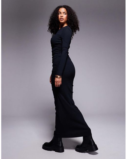 Robe côtelée mi-longue et froncée ASOS en coloris Blue