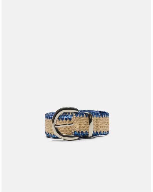 Stradivarius Blue Raffia Belt With Topstitching